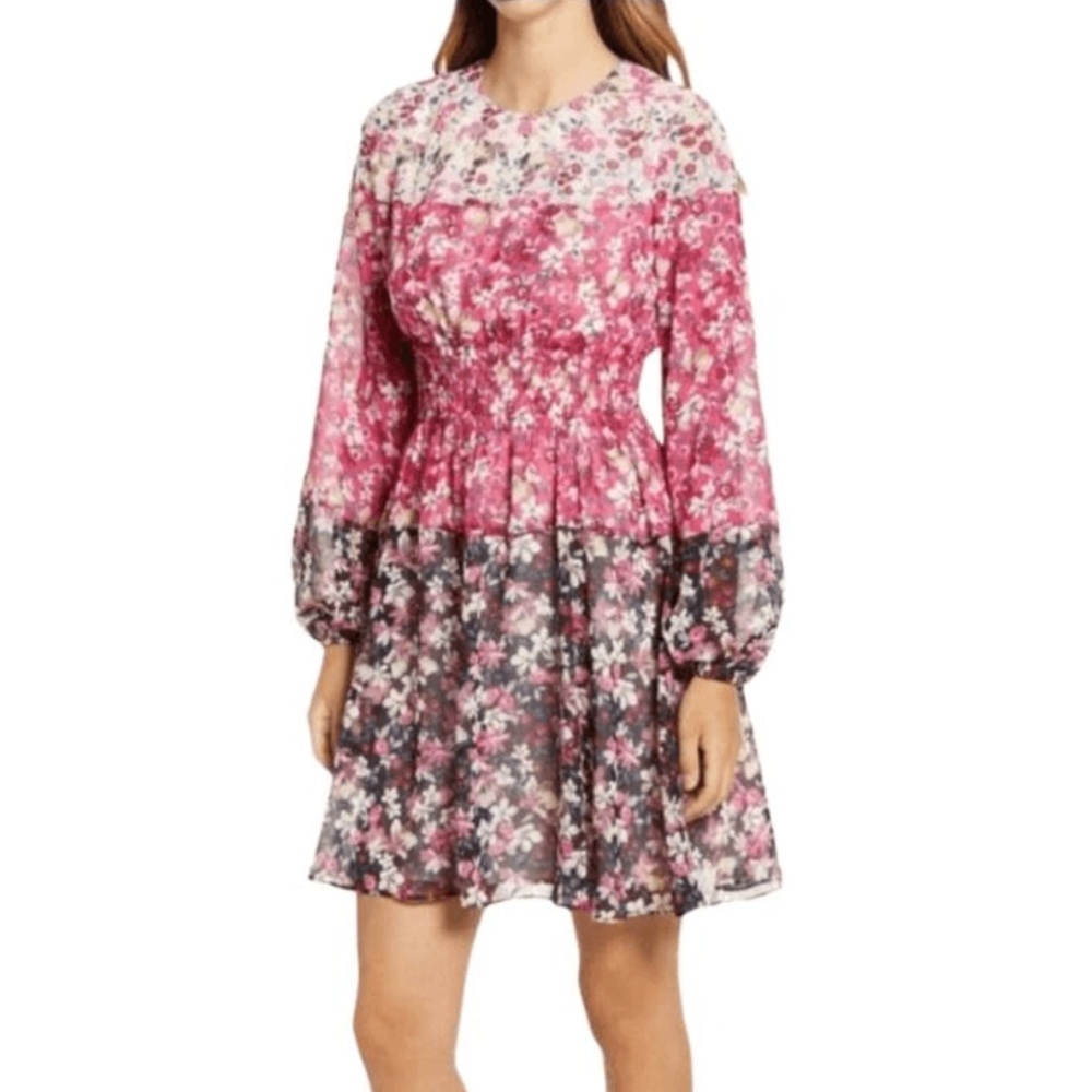 Eliza J Pink Floral Smocked Waist Balloon Long Sleeve Dress Pink Colorblock-4